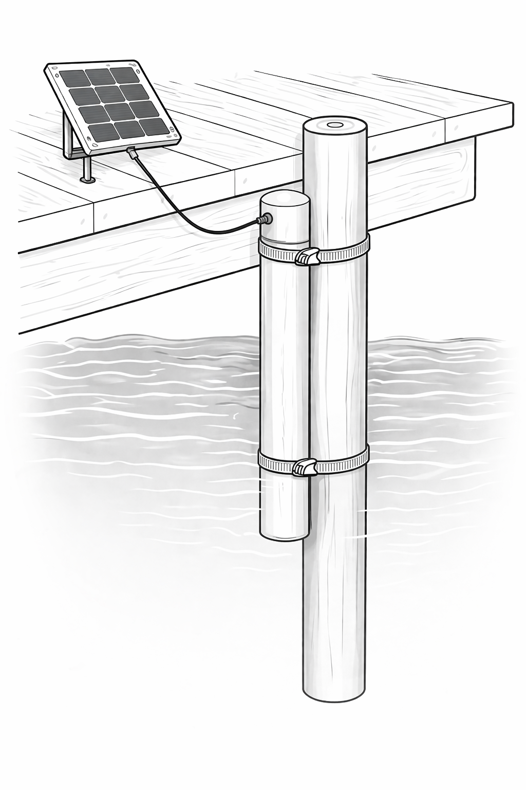 Line illustration of a LEVELSTAT sensor strapped to a wooden dock piling with the included solar panel mounted on the deck above.