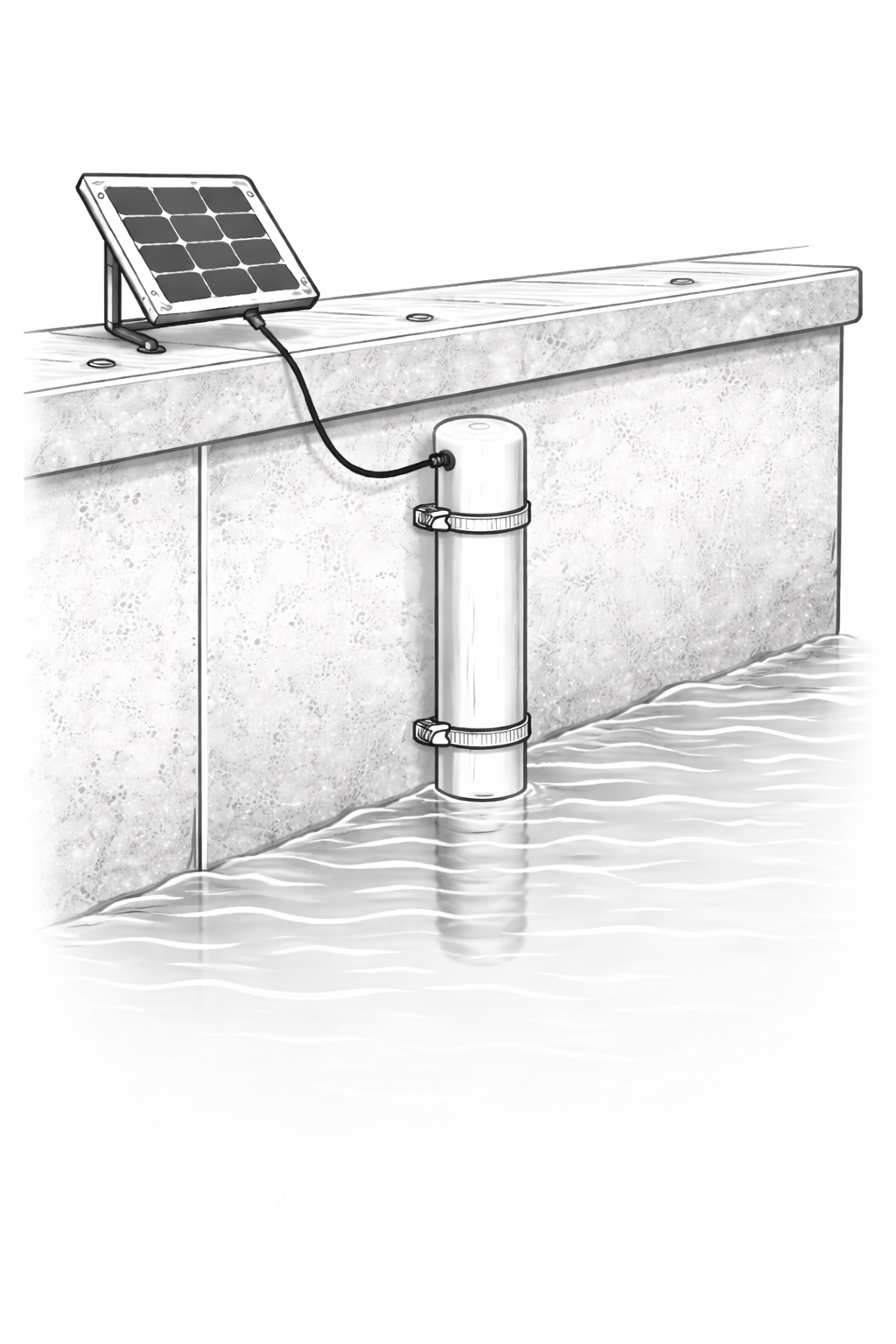 Line illustration of a LEVELSTAT sensor mounted flush against a vertical seawall.